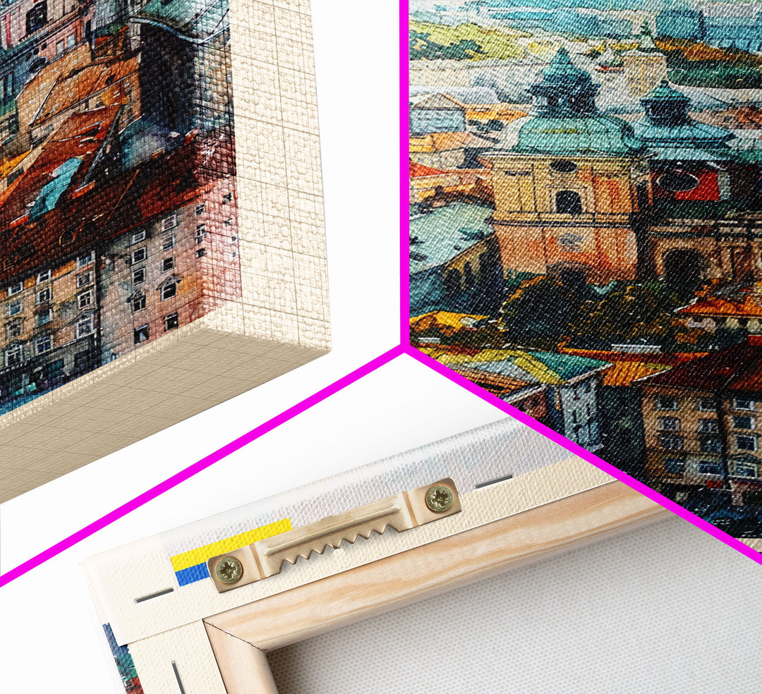 Lviv Ukraine Travel Poster Framed Canvas Print, Colorful Cityscape, Urban Wall Art, Home Decoration, Travel Print, Original Painting