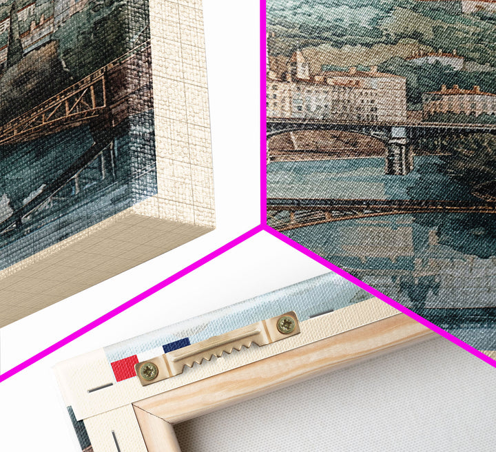 Lyon France Travel Poster Framed Canvas Print, Historic Cityscape, Watercolor Art, Wall Hanging, Home Decor, Travel Print, Art Collectible