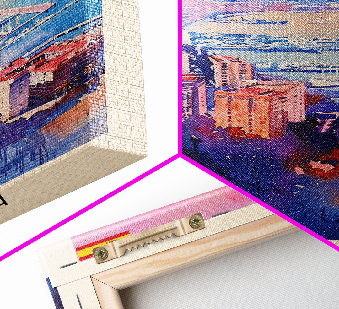 Malaga Spain Travel Poster Framed Canvas Print, Vibrant Coastline, Watercolor Art, Wall Decoration, Interior Decor, Travel Print, Unique Artwork