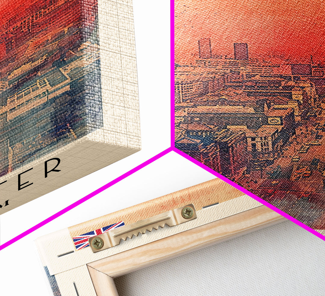 Manchester United Kingdom Travel Poster Framed Canvas Print, Iconic Landmarks, Watercolor Painting, Wall Decor, Interior Art, Travel Print, Artistic Gift