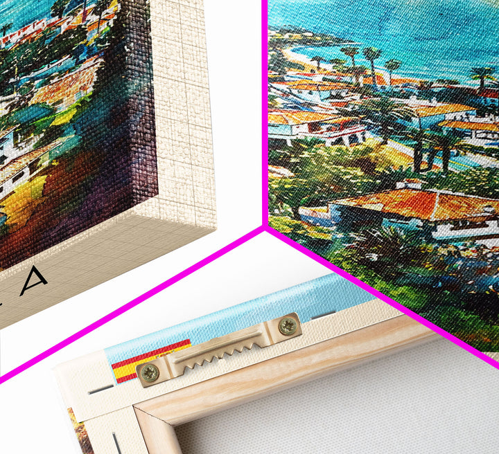 Marbella Spain Travel Poster Framed Canvas Print, Coastal Cityscape, Watercolor Painting, Wall Decor, Home Decoration, Travel Print, Artistic Piece