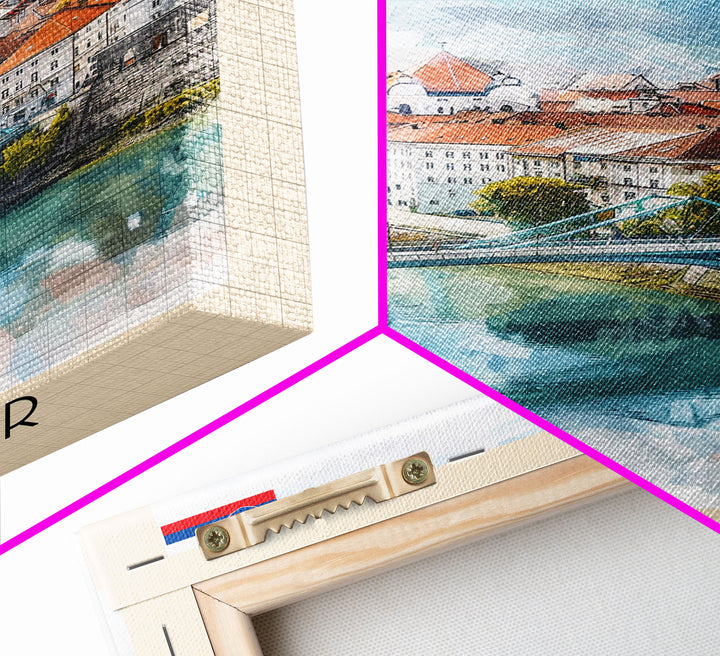 Maribor Slovenia Travel Poster Framed Canvas Print, Urban Landscape, Watercolor Art, Wall Hanging, Home Decor, Travel Print, Original Art