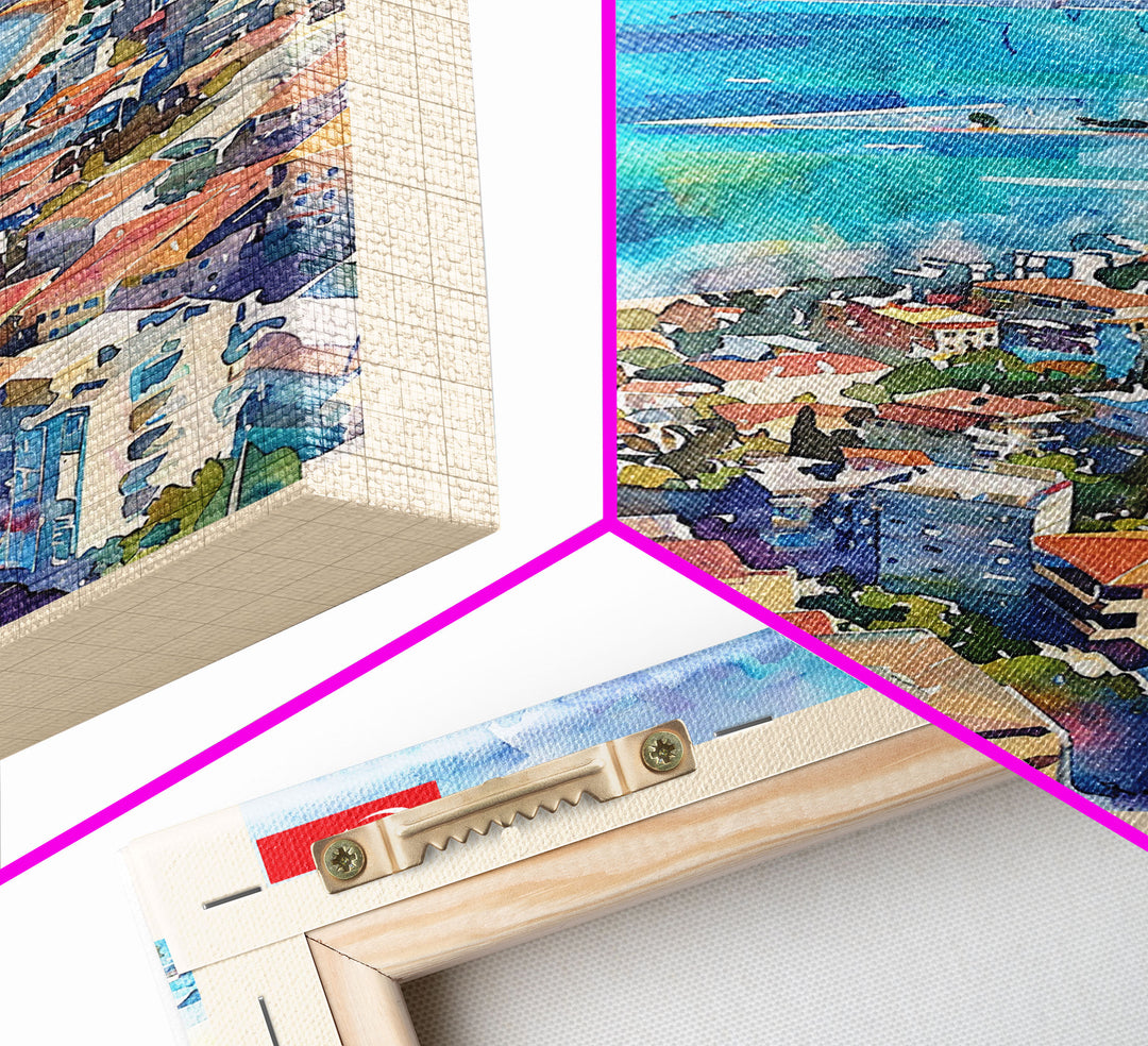 Mersin Turkey Travel Poster Framed Canvas Print, Coastal Landscape, Watercolor Art, Wall Decoration, Interior Design, Travel Print, Original Painting