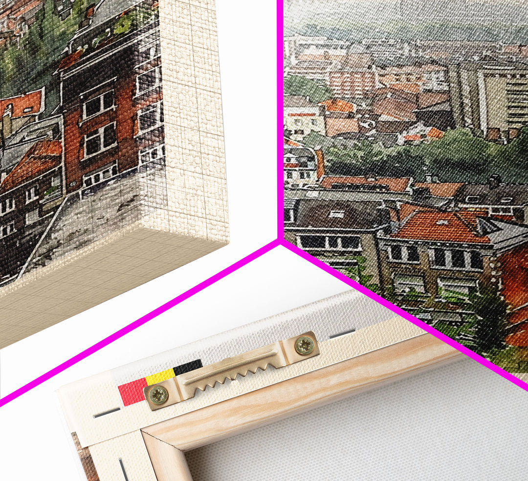 Mons Belgium Travel Poster Framed Canvas Print, Scenic Urban Landscape, Watercolor Painting, Wall Art, Home Decor, Travel Print, Original Painting