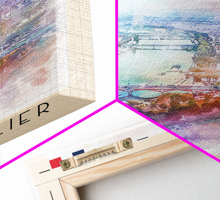 Montpellier France Travel Poster Framed Canvas Print, Vibrant Cityscape, Watercolor Art, Wall Decor, Interior Design, Travel Print, Unique Artwork