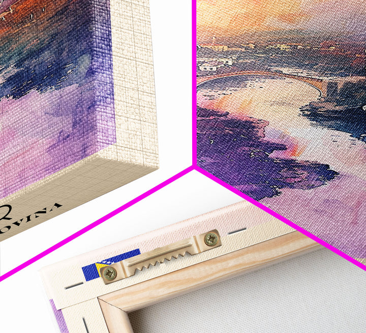 Mostar Bosnia Travel Poster Framed Canvas Print, Scenic Landscape, Watercolor Art, Wall Hanging, Home Decoration, Travel Print, Original Piece