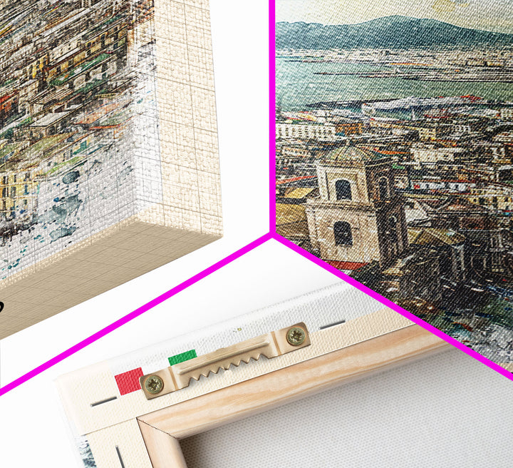 Naples Italy Framed Canvas Print, Scenic Travel Poster, Watercolor Painting, Coastal Wall Art, Home Decor, Vacation Art, Unique Art
