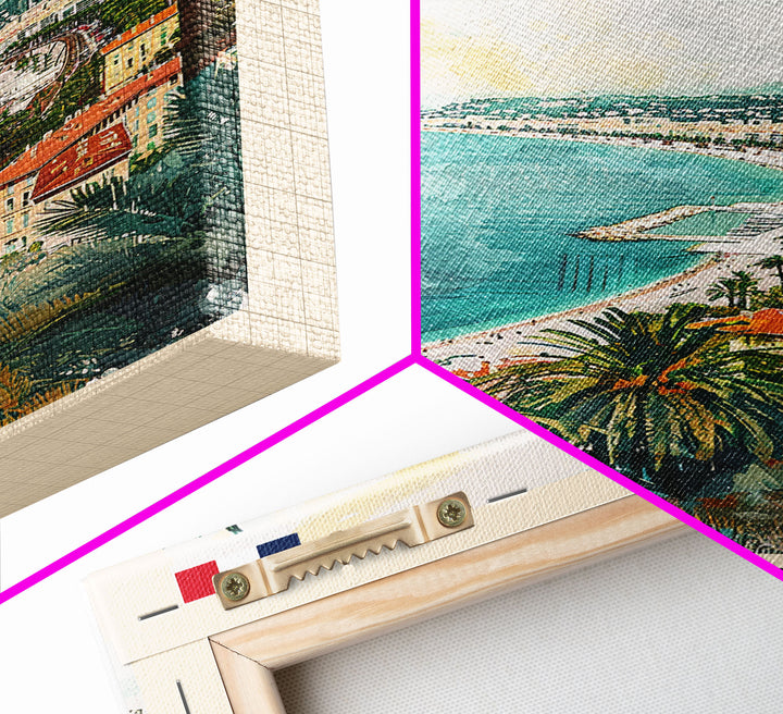 Nice France Travel Poster Framed Canvas Print, Coastal Watercolor Painting, Scenic Wall Art, Home Decor, Vacation Art, Unique Art