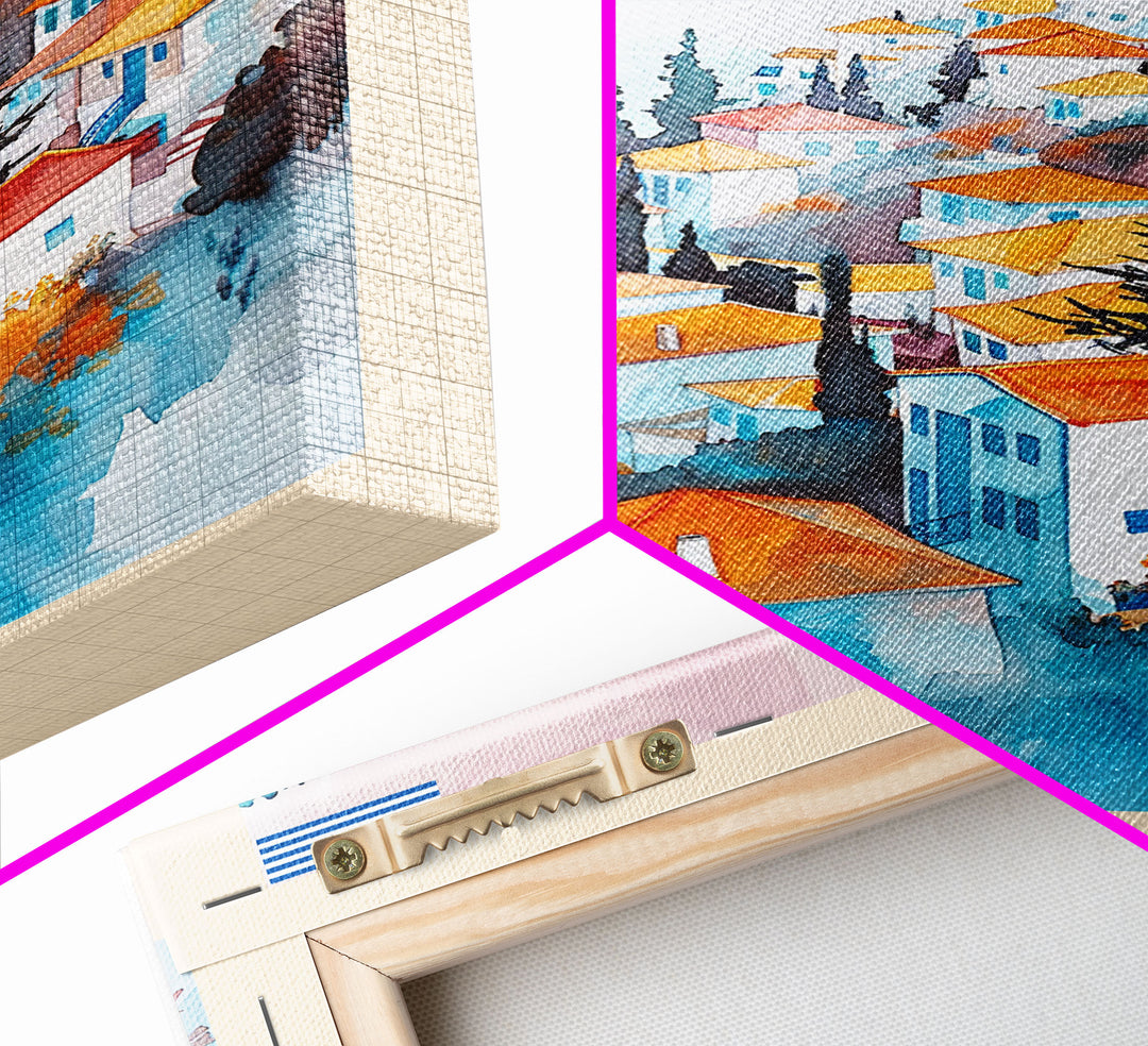 Nikaia Greece Framed Canvas Print, Boho Travel Poster, Watercolor Painting, Wall Art, Home Decor, Greek Scenery, Mediterranean Style