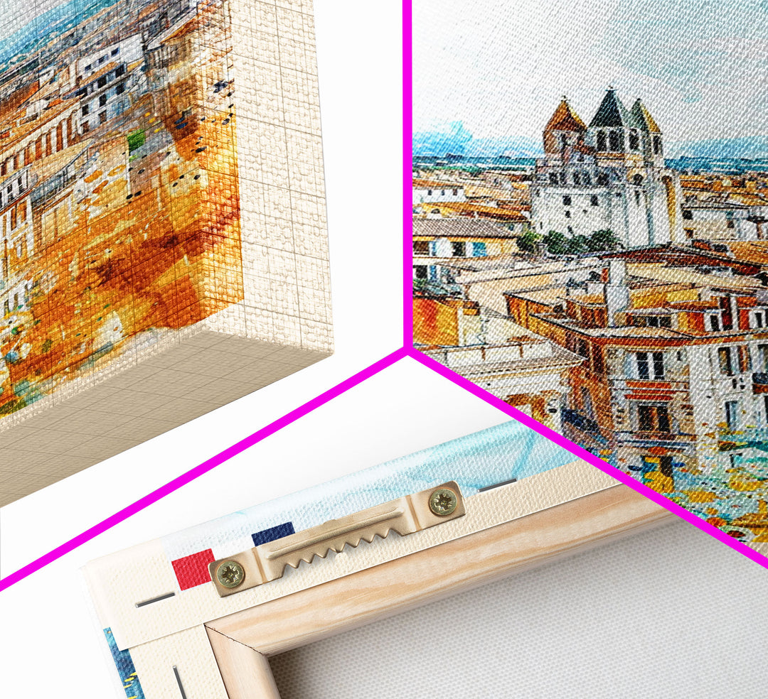 Nîmes France Framed Canvas Print, Historic Travel Poster, Watercolor Painting, Wall Art, Home Decor, French Architecture, Vintage Style