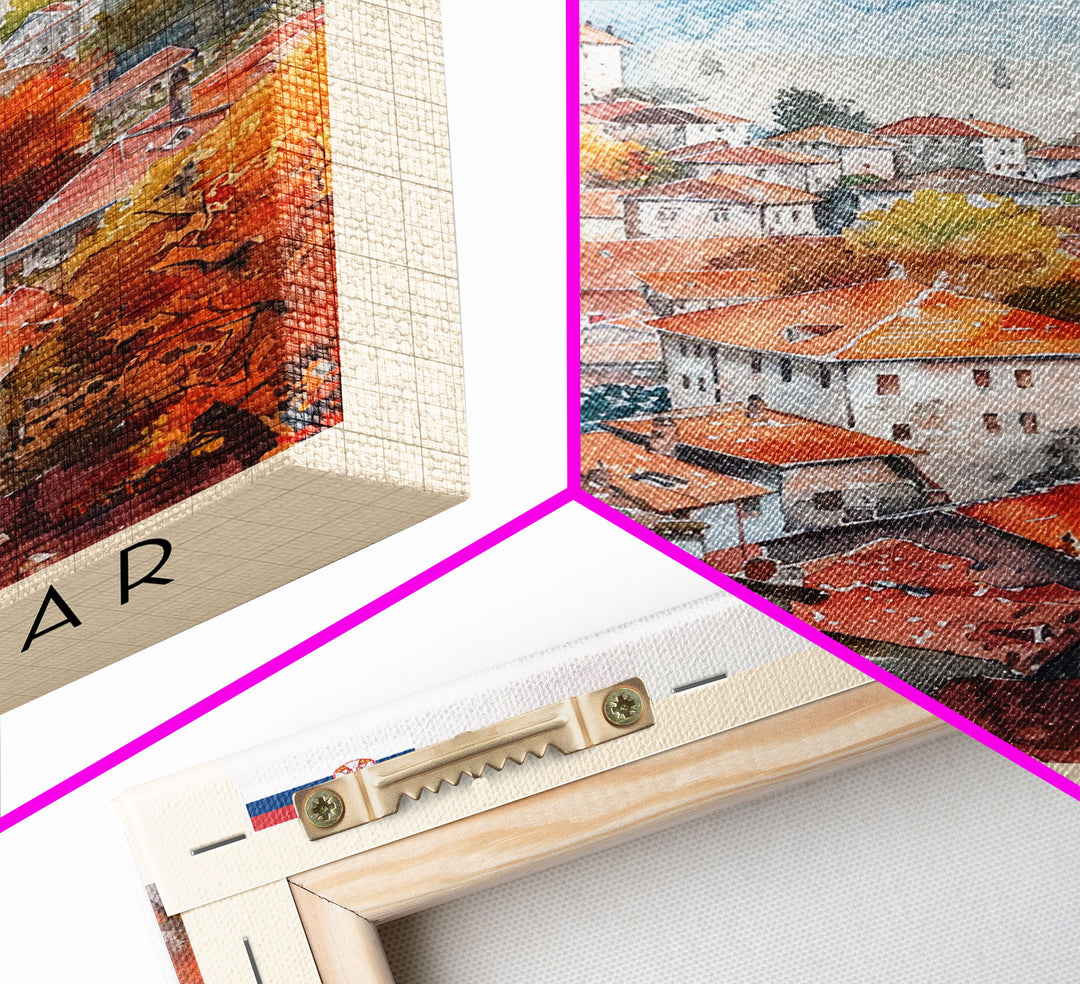 Novi Pazar Serbia Travel Poster Framed Canvas Print, Watercolor Painting, Scenic Wall Art, Home Decor, Serbian Landscape, Cultural Art