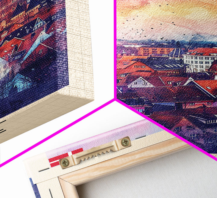 Odense Denmark Travel Poster Framed Canvas Print, Watercolor Painting, Scenic Wall Art, Home Decor, Danish Cityscape, Artistic Decor