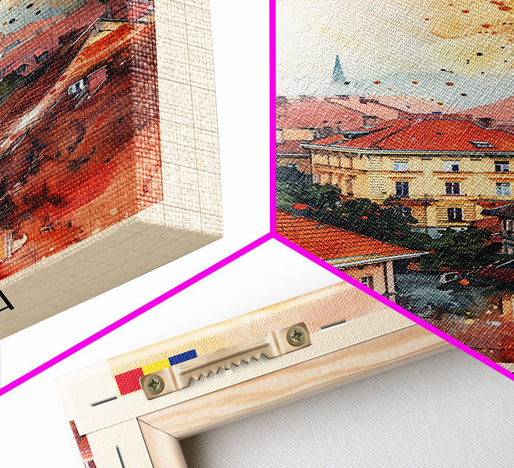 Oradea Romania Travel Poster Framed Canvas Print, Watercolor Painting, Scenic Wall Art, Home Decor, Romanian Architecture, Artistic Decor