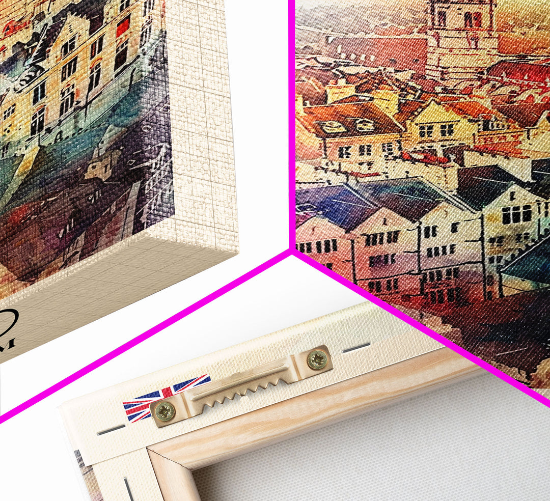 Oxford United Kingdom Travel Poster Framed Canvas Print, Watercolor Painting, Historic Wall Art, Home Decor, British Architecture, Artistic Decor