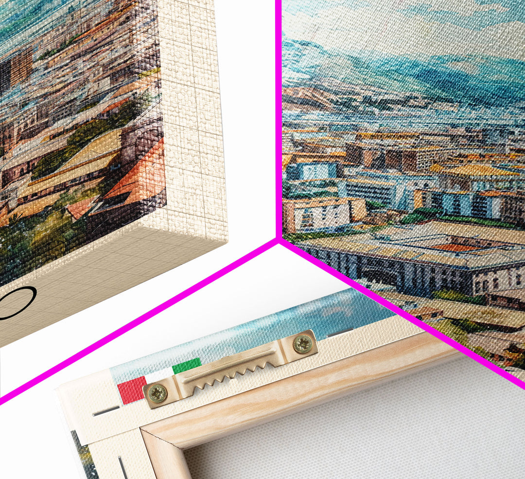 Palermo Italy Travel Poster Framed Canvas Print, Watercolor Painting, Coastal Wall Art, Home Decor, Italian Seaside, Vibrant Art