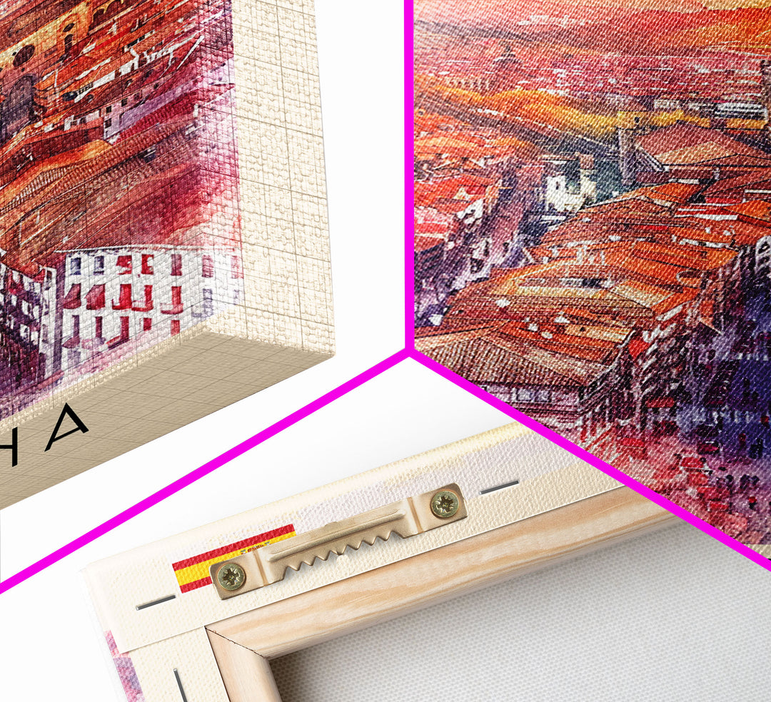 Pamplona Spain Travel Poster Framed Canvas Print, Watercolor Painting, Urban Wall Art, Home Decor, Spanish Architecture, Classic Art