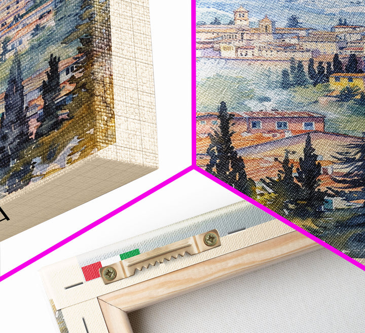Perugia Italy Travel Poster Framed Canvas Print, Watercolor Painting, Scenic Wall Art, Home Decor, Italian Cityscape, Classic Art