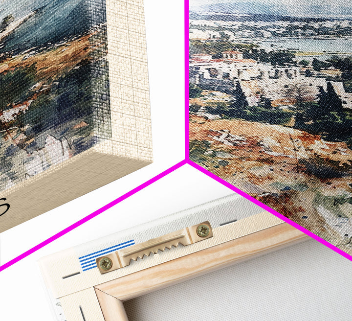 Piraeus Greece Travel Poster Framed Canvas Print, Watercolor Painting, Coastal Wall Art, Home Decor, Greek Seaside, Vibrant Art