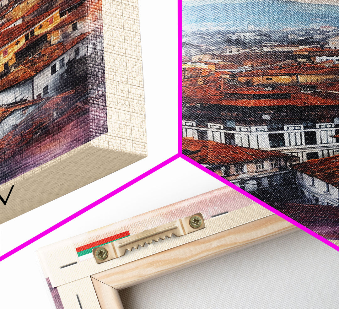 Plovdiv Bulgaria Travel Poster Framed Canvas Print, Watercolor Painting, Historic Wall Art, Home Decor, Bulgarian Cityscape, Classic Art