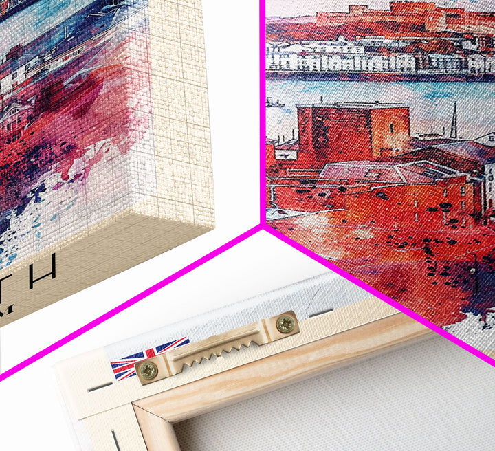 Plymouth United Kingdom Travel Poster Framed Canvas Print, Watercolor Painting, Coastal Wall Art, Home Decor, British Seaside, Modern Decor