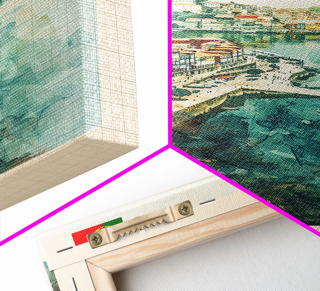 Porto Portugal Travel Poster Framed Canvas Print, Watercolor Painting, Coastal Wall Art, Home Decor, Portuguese Seaside, Vibrant Art