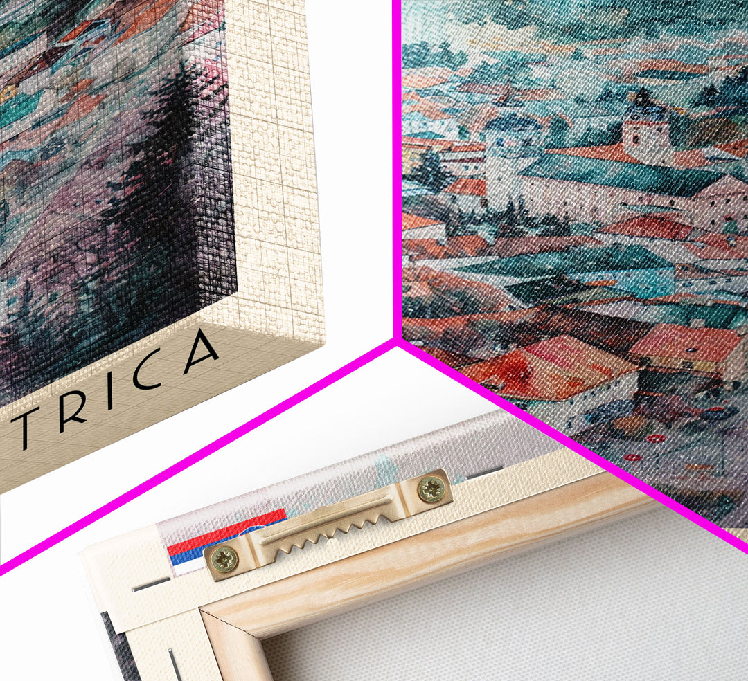 Povazska Bystrica Slovakia Travel Poster Framed Canvas Print, Watercolor Painting, Scenic Wall Art, Home Decor, Slovakian Landscape, Modern Decor