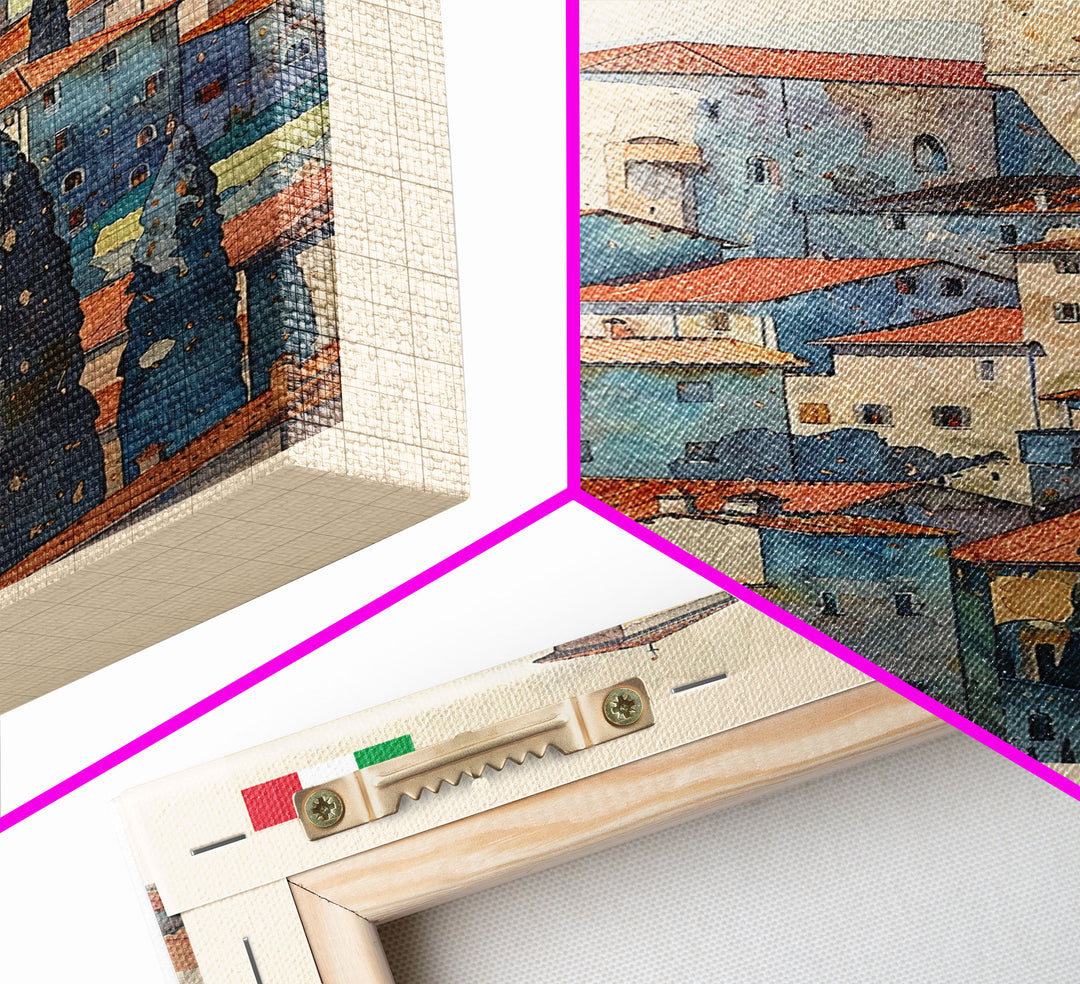 Prato Italy Travel Poster Framed Canvas Print, Watercolor Painting, Scenic Wall Art, Home Decor, Italian Landscape, Vibrant Art