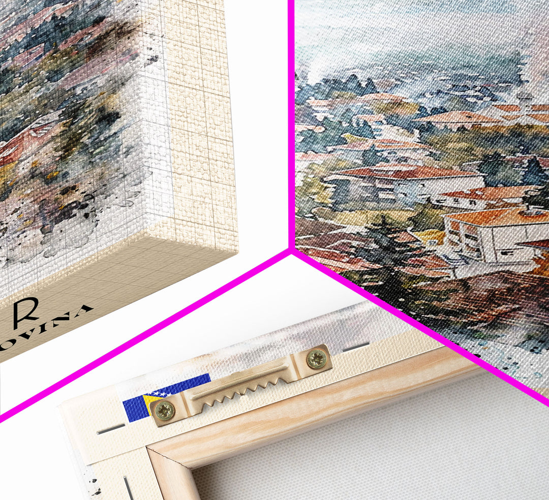 Prijedor Bosnia and Herzegovina Travel Poster Framed Canvas Print, Watercolor Painting, Scenic Wall Art, Home Decor, Bosnian Cityscape, Classic Art