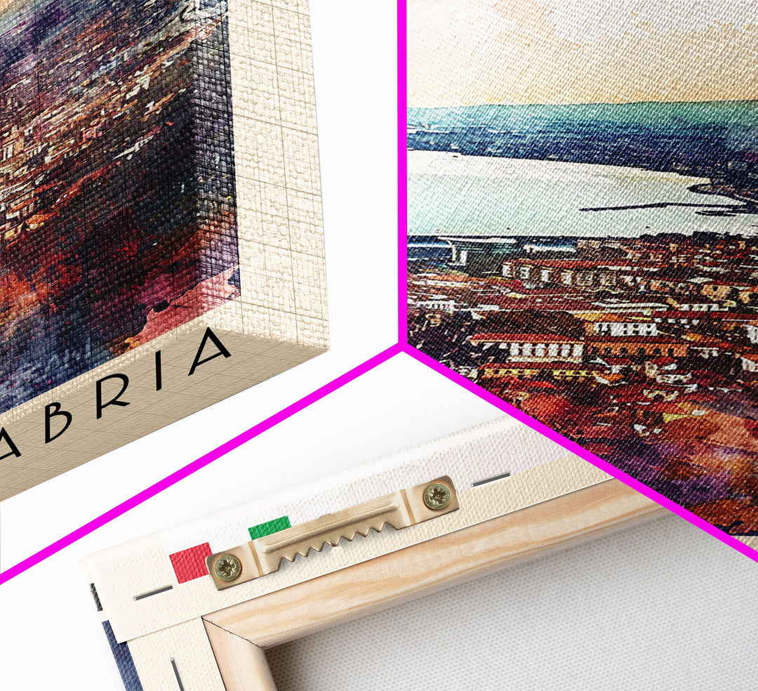 Reggio Calabria Italy Travel Poster Framed Canvas Print, Watercolor Painting, Coastal Wall Art, Home Decor, Italian Seaside, Vibrant Decor