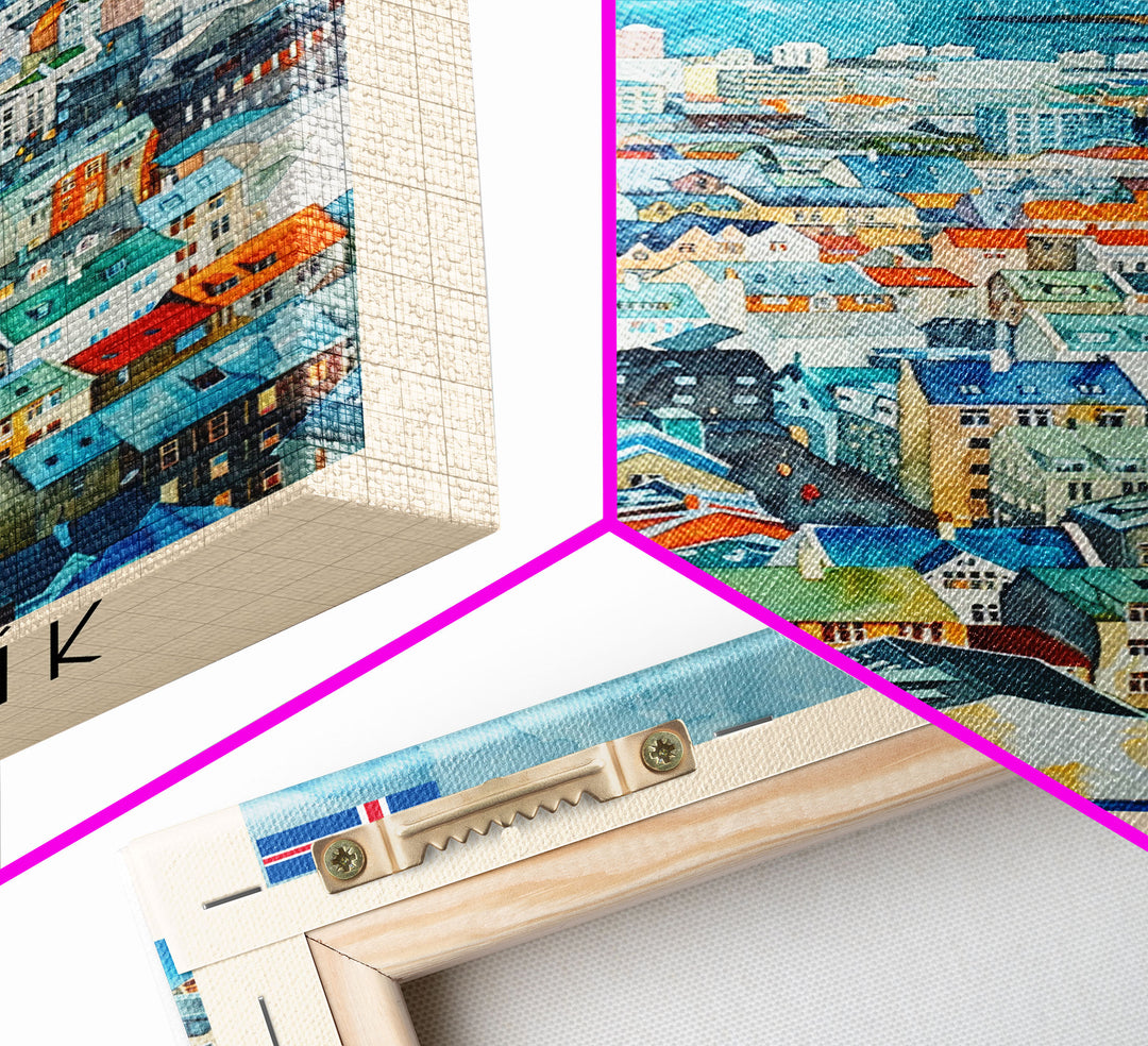 Reykjavik Iceland Travel Poster Framed Canvas Print, Watercolor Painting, Scenic Wall Art, Home Decor, Icelandic Landscape, Artistic Decor