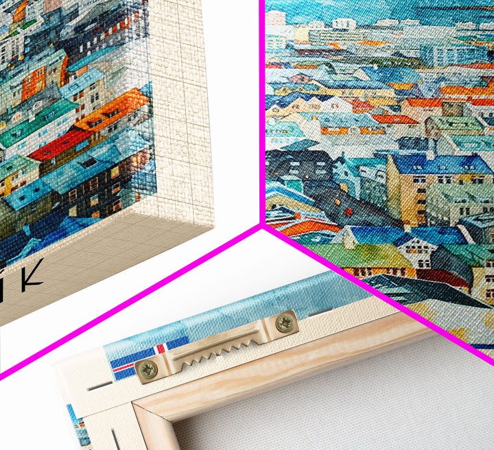 Reykjavik Iceland Travel Poster Framed Canvas Print, Watercolor Painting, Scenic Wall Art, Home Decor, Icelandic Landscape, Artistic Decor