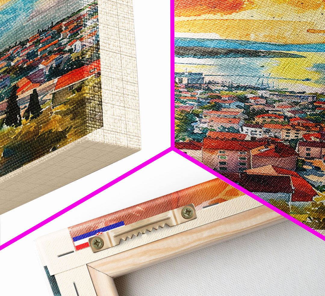 Rijeka Croatia Travel Poster Framed Canvas Print, Watercolor Painting, Coastal Wall Art, Home Decor, Croatian Seaside, Modern Art