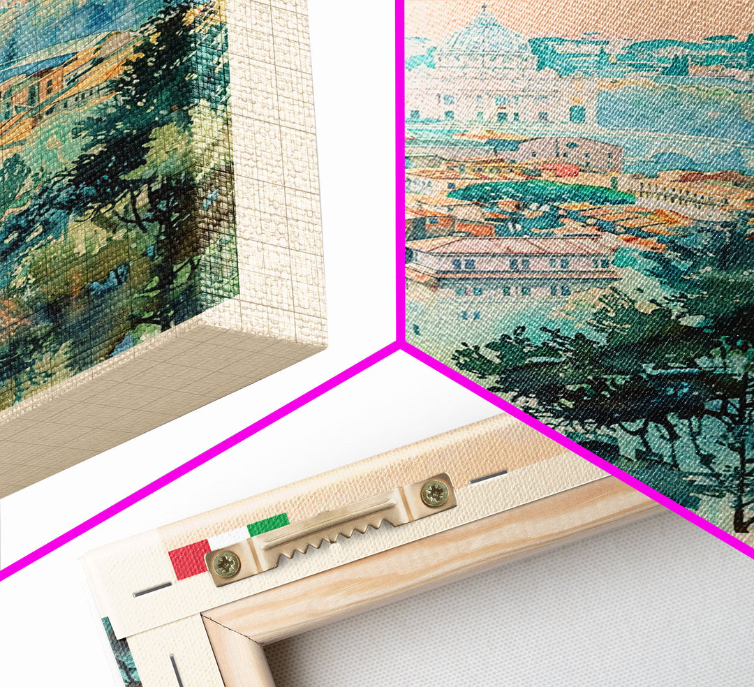 Rome Italy Travel Poster Framed Canvas Print, Watercolor Painting, Historic Wall Art, Home Decor, Italian Cityscape, Classic Art