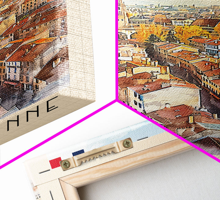 Saint Etienne France Travel Poster Framed Canvas Print, Watercolor Painting, Scenic Wall Art, Home Decor, French Cityscape, Classic Art