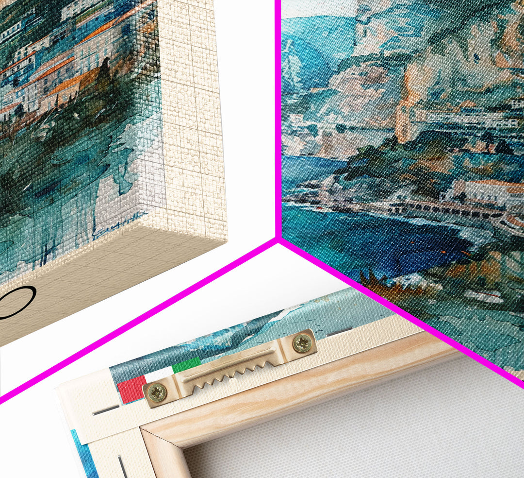 Salerno Italy Travel Poster Framed Canvas Print, Watercolor Painting, Coastal Wall Art, Home Decor, Italian Seaside, Modern Art