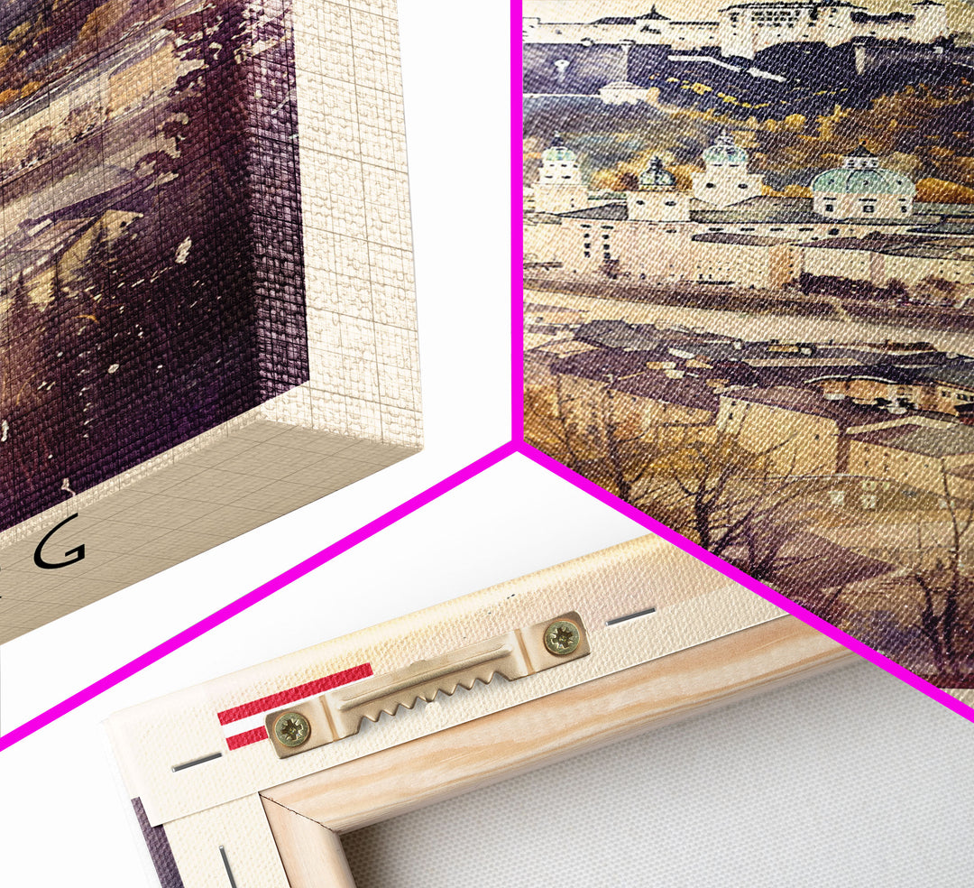 Salzburg Austria Travel Poster Framed Canvas Print, Watercolor Painting, Historic Wall Art, Home Decor, Austrian Architecture, Classic Decor