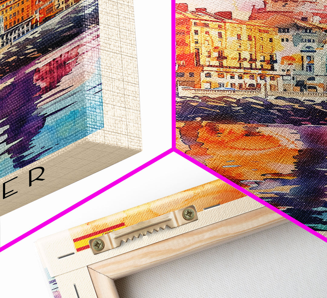 Santander Spain Travel Poster Framed Canvas Print, Watercolor Painting, Coastal Wall Art, Home Decor, Spanish Seaside, Vibrant Art