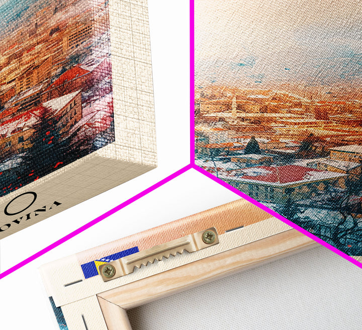 Sarajevo Bosnia and Herzegovina Travel Poster Framed Canvas Print, Watercolor Painting, Historic Wall Art, Home Decor, Bosnian Cityscape, Classic Art