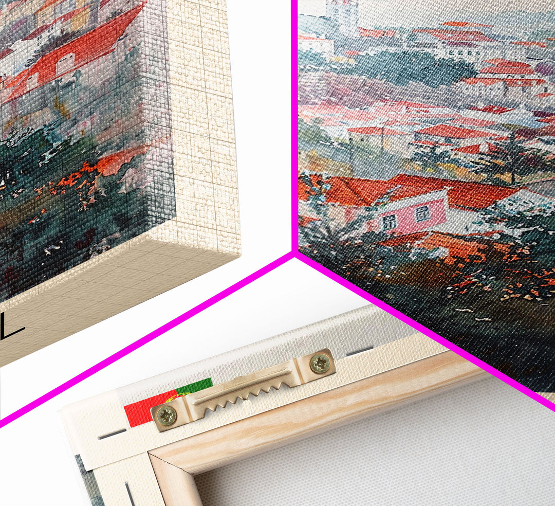 Setubal Portugal Travel Poster Framed Canvas Print, Watercolor Painting, Coastal Wall Art, Home Decor, Portuguese Seaside, Artistic Art