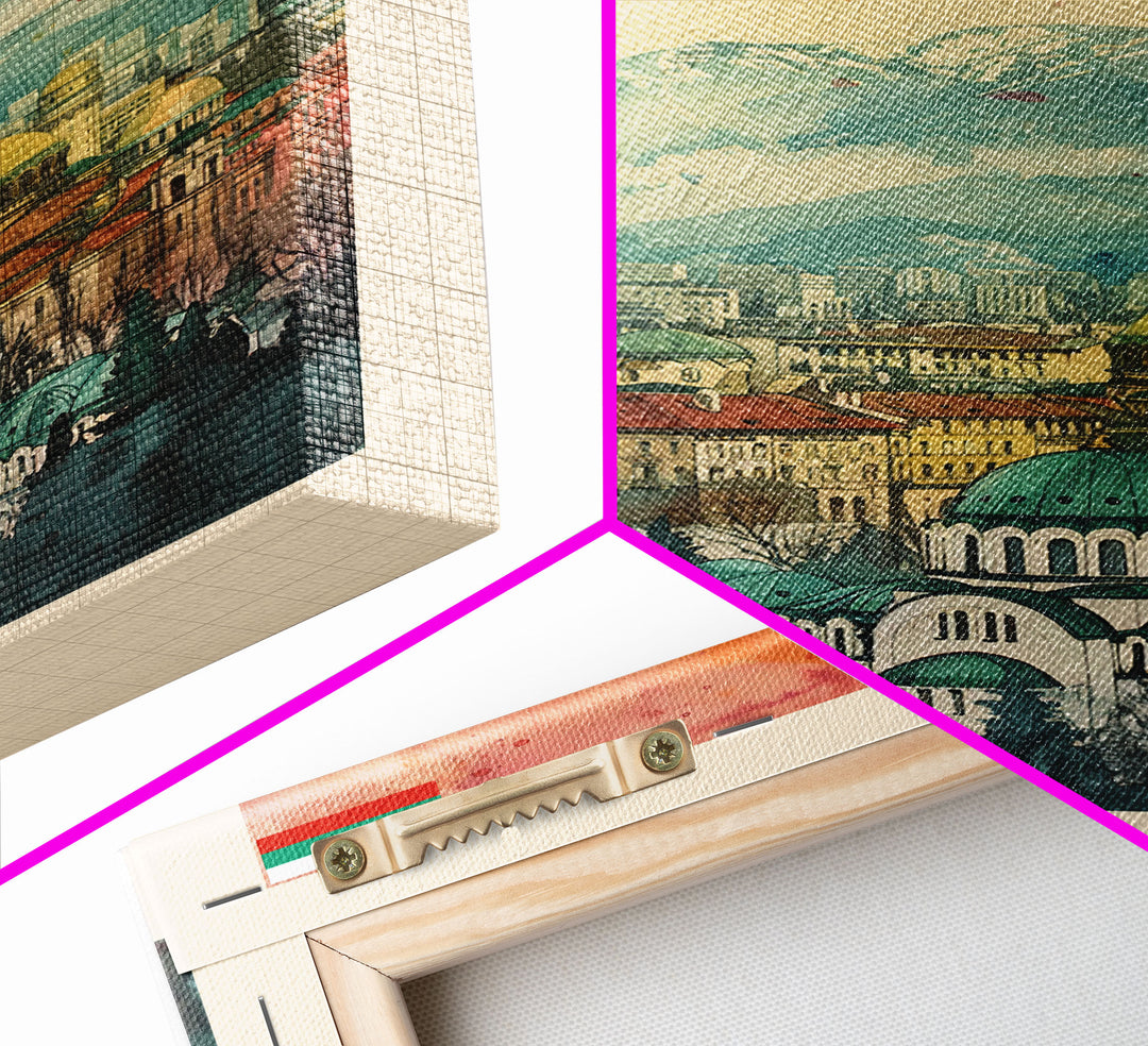 Sofia Bulgaria Travel Poster Framed Canvas Print, Watercolor Painting, Scenic Wall Art, Home Decor, Bulgarian Cityscape, Modern Decor