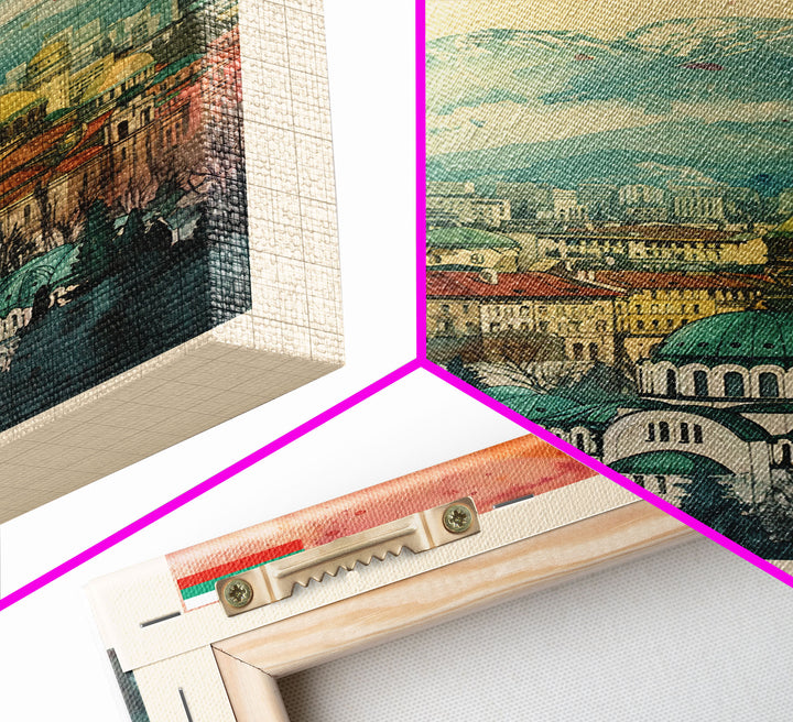 Sofia Bulgaria Travel Poster Framed Canvas Print, Watercolor Painting, Scenic Wall Art, Home Decor, Bulgarian Cityscape, Modern Decor