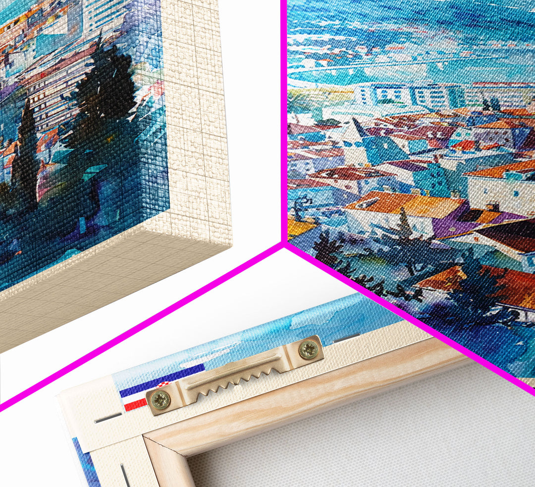 Split Croatia Travel Poster Framed Canvas Print, Watercolor Painting, Coastal Wall Art, Home Decor, Croatian Seaside, Modern Decor