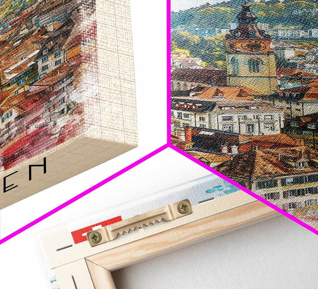 St Gallen Switzerland Travel Poster Framed Canvas Print, Watercolor Painting, Scenic Wall Art, Home Decor, Swiss Landscape, Classic Art