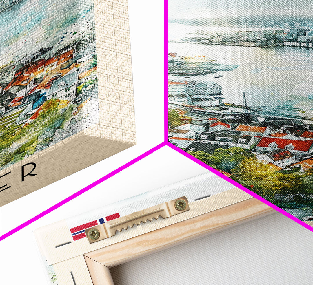 Stavanger Norway Travel Poster Framed Canvas Print, Watercolor Painting, Coastal Wall Art, Home Decor, Norwegian Seaside, Nautical Decor