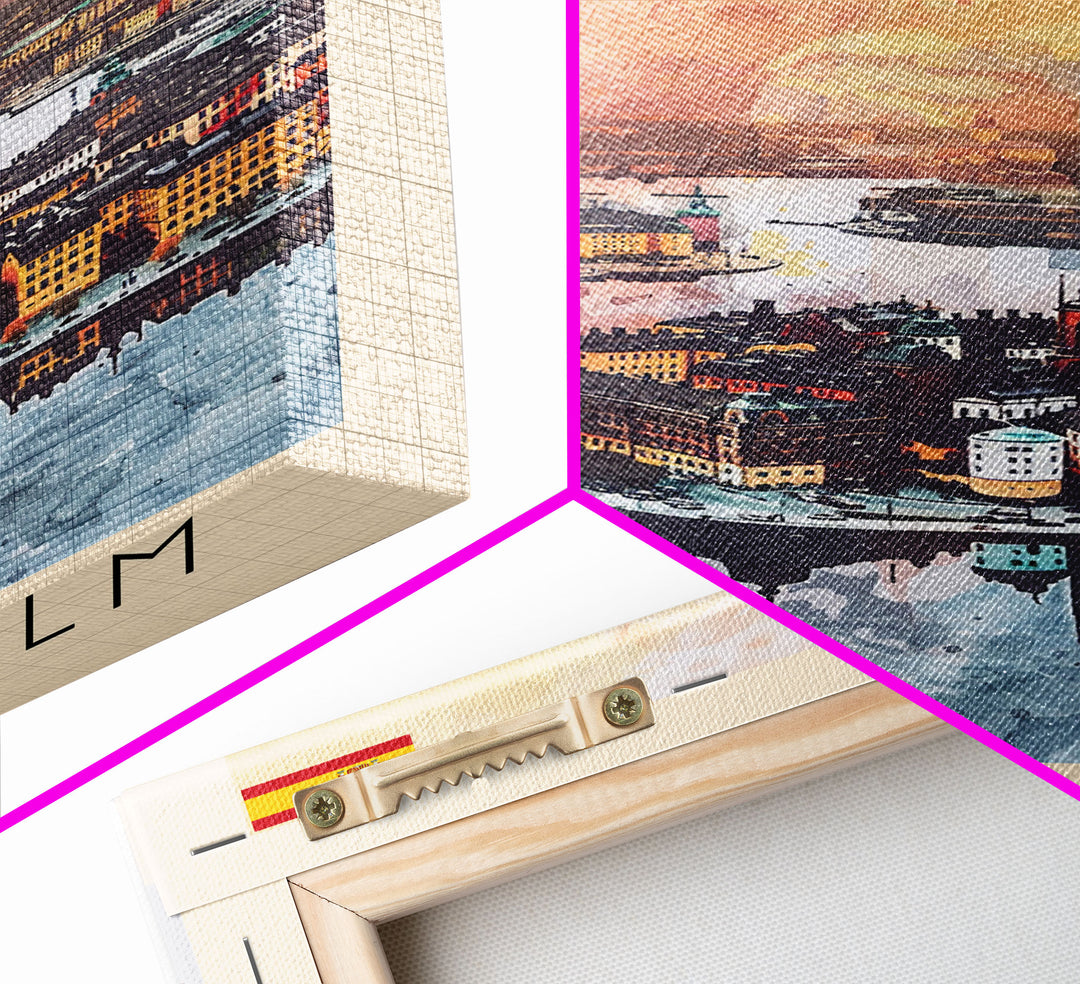 Stockholm Sweden Travel Poster Framed Canvas Print, Watercolor Painting, Scenic Wall Art, Home Decor, Swedish Cityscape, Contemporary Art