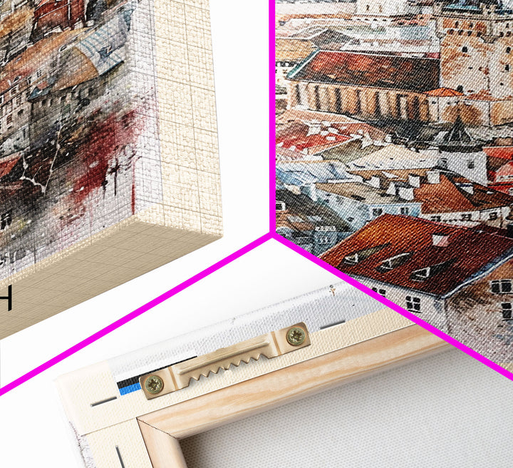 Tallinn Estonia Travel Poster Framed Canvas Print, Watercolor Painting, Scenic Wall Art, Home Decor, Estonian Cityscape, Modern Art