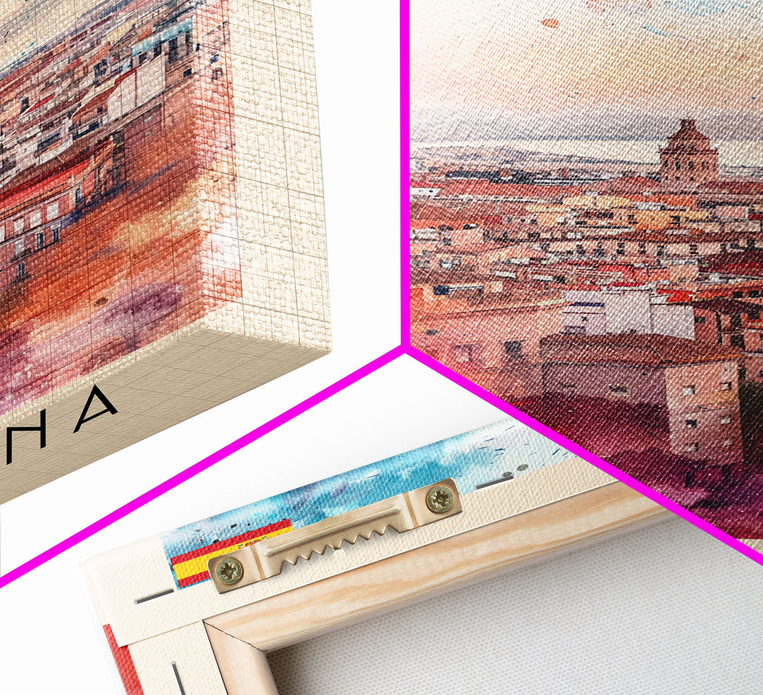 Tarragona Spain Travel Poster Framed Canvas Print, Watercolor Painting, Scenic Wall Art, Home Decor, Spanish Cityscape, Classic Art