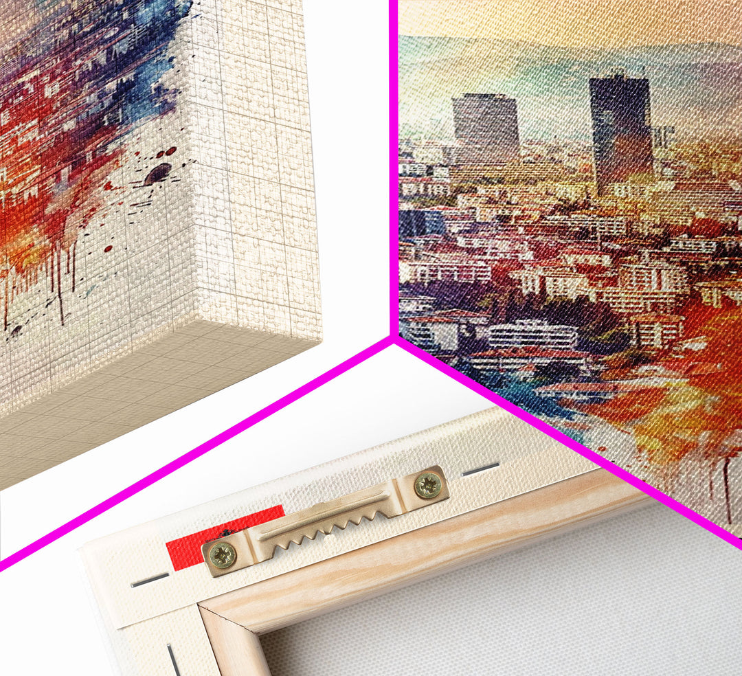 Tirana Albania Travel Poster Framed Canvas Print, Watercolor Painting, Urban Wall Art, Home Decor, Albanian Cityscape, Exotic Decor