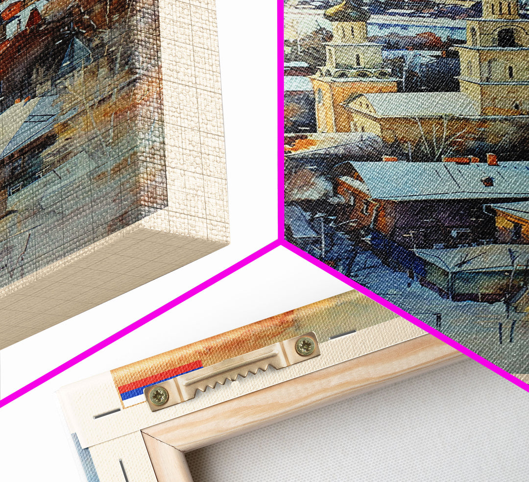 Tomsk Russia Travel Poster Framed Canvas Print, Watercolor Painting, Urban Wall Art, Home Decor, Russian Cityscape, Vintage Decor