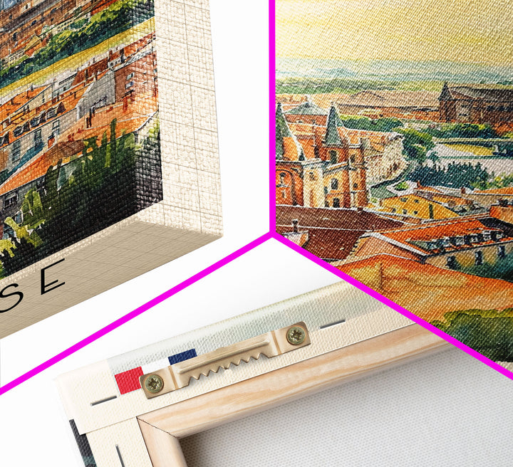 Toulouse France Travel Poster Framed Canvas Print, Watercolor Painting, Urban Wall Art, Home Decor, French Architecture, Stylish Decor